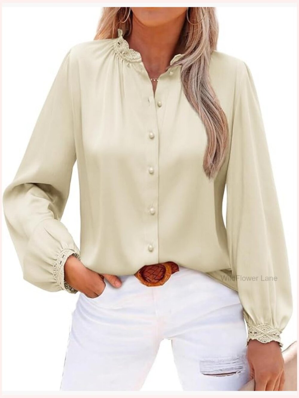 Satin Long Sleeve Button Down Shirt Dressy Casual Lace Collared Blouse Work Top